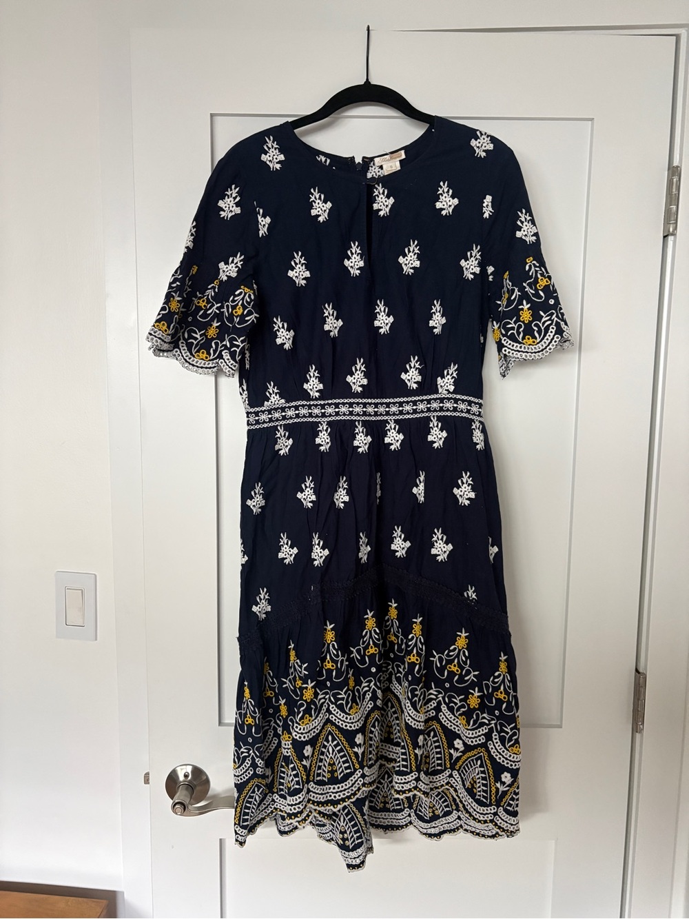 Shoshanna Navy Midi Dress with White and Yellow Embroidery